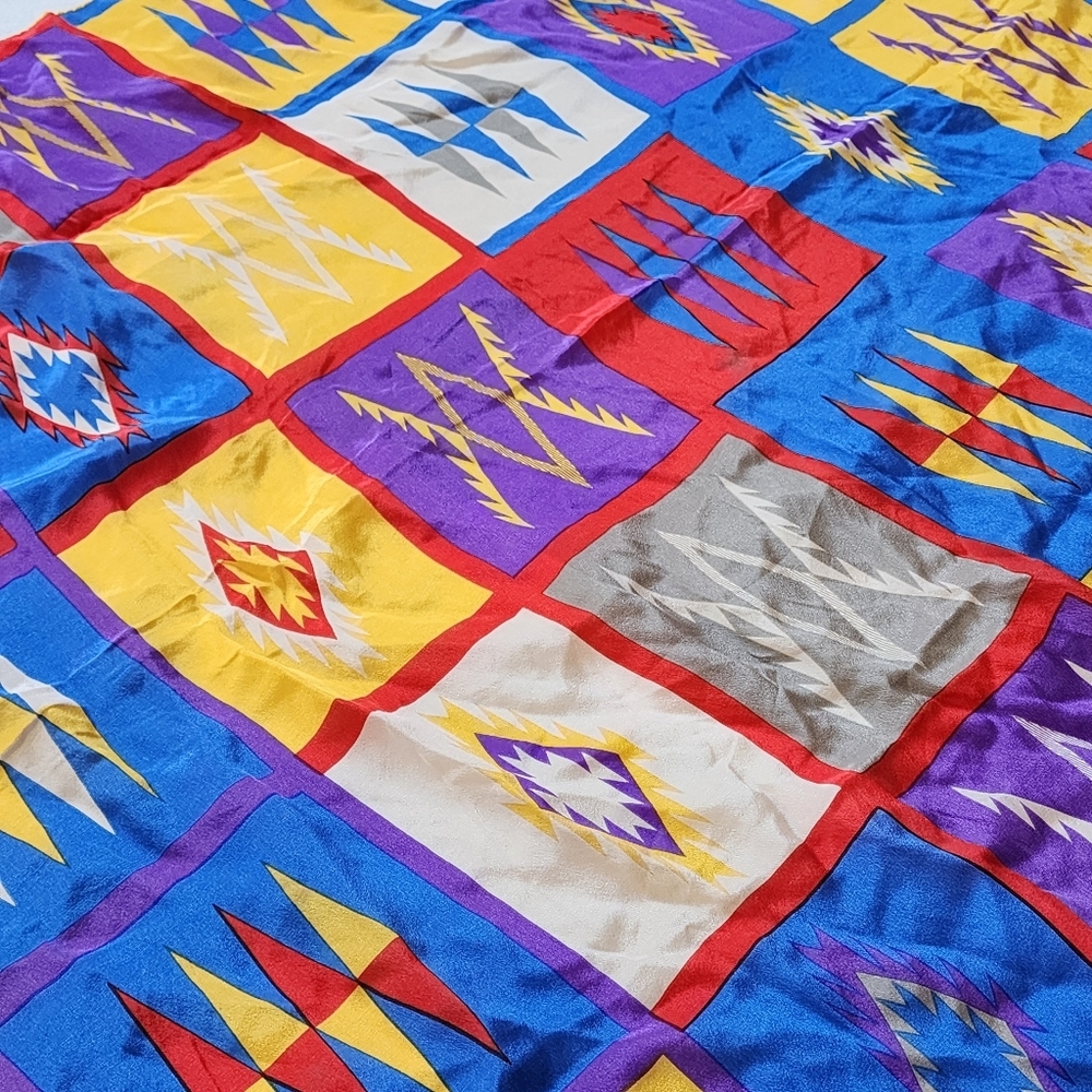 Vintage Elaine Gold Geometric Print Silk Scarf Jewel Tones 32x31 Bold Colorful - Picture 3 of 5